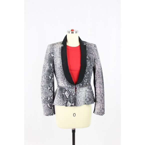 REBECCA TAYLOR Grey Python Snake Print Silk Crepe Peplum Blazer, Size 2 - Picture 1 of 14